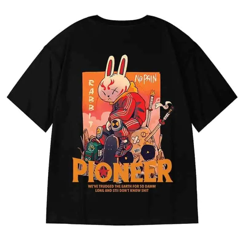 Black Oversize Printed Short Sleeve T-shirt - Rabbit / L