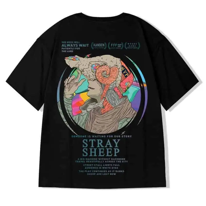 Black Oversize Printed Short Sleeve T-shirt - Stray Sheep