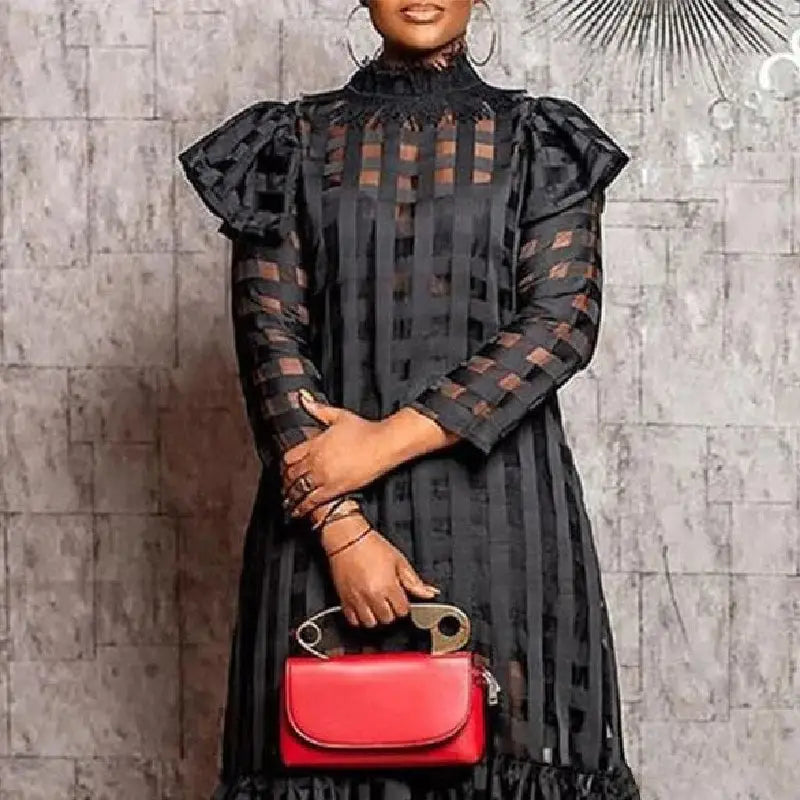 Black Plaid Long Sleeve See Through Dress