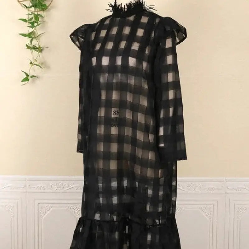 Black Plaid Long Sleeve See Through Dress