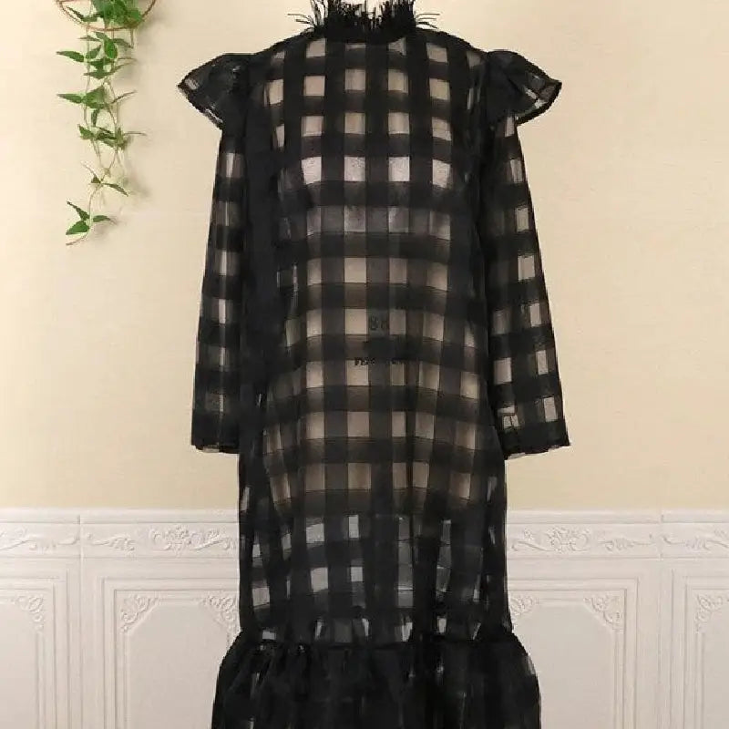 Black Plaid Long Sleeve See Through Dress