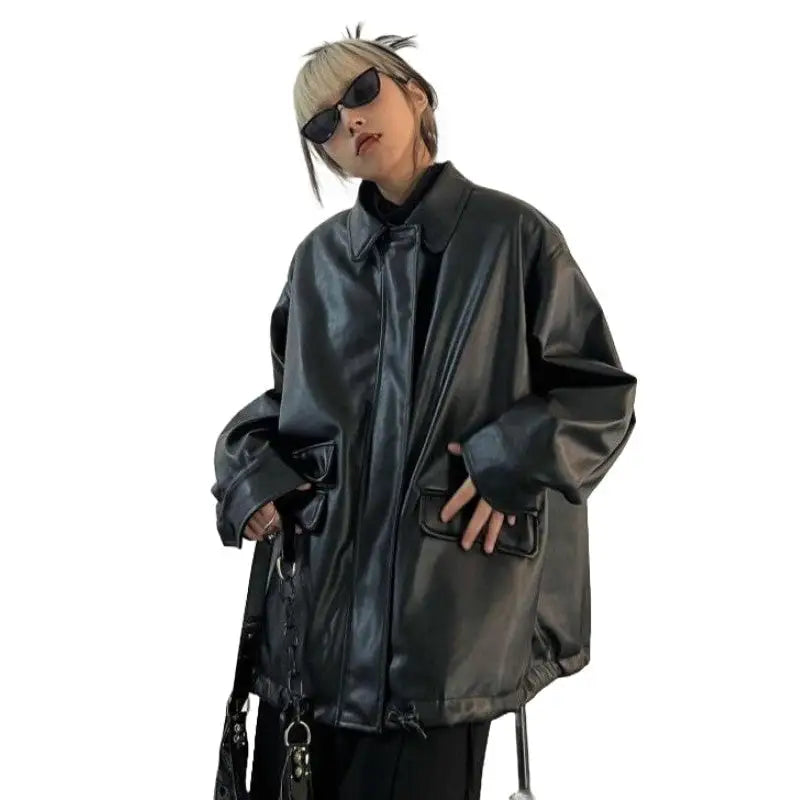 Black Pocket PU Leather Jacket for Men