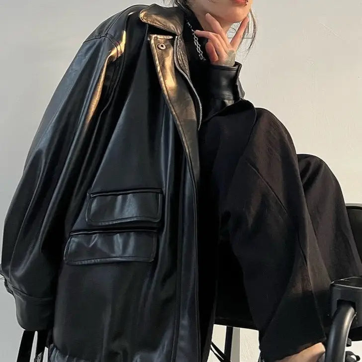 Black Pocket PU Leather Jacket for Men