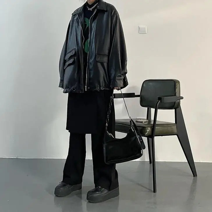 Black Pocket PU Leather Jacket for Men