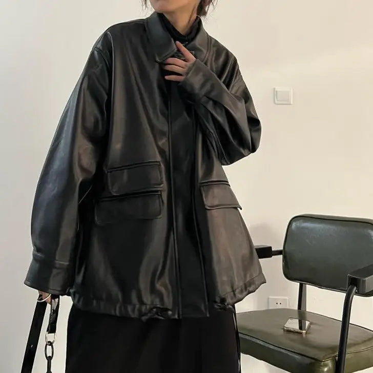 Black Pocket PU Leather Jacket for Men / S