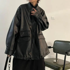 Black Pocket PU Leather Jacket for Men / S