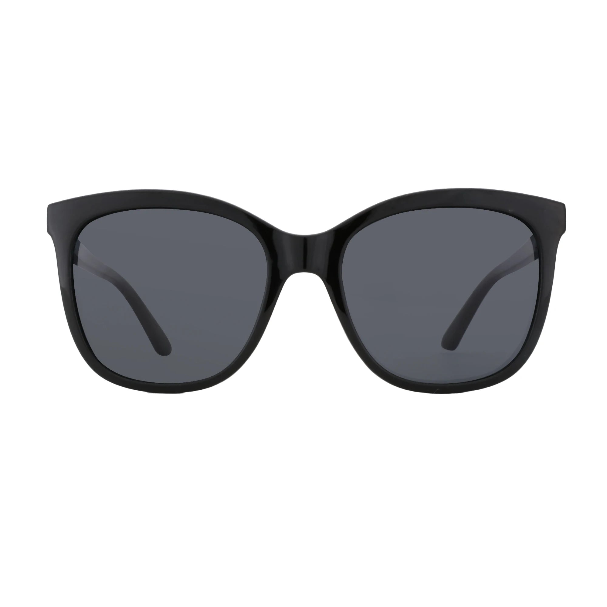 Black polarized square sunglasses showcasing butterfly design details and acetate frame material from side angle