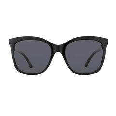 Black polarized square sunglasses showcasing butterfly design details and acetate frame material from side angle