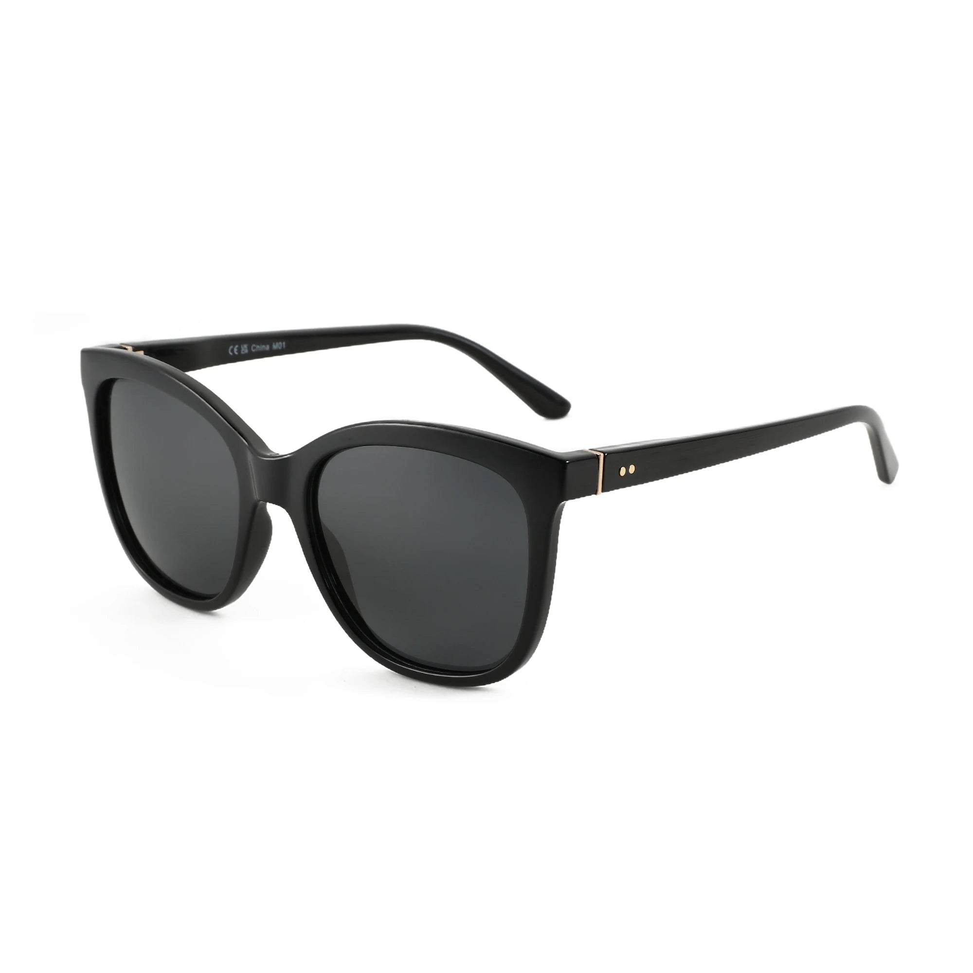 Black polarized square sunglasses with acetate frame detail and butterfly design elements, close-up material shot