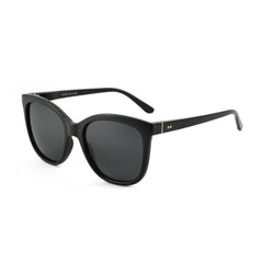 Black polarized square sunglasses with acetate frame detail and butterfly design elements, close-up material shot