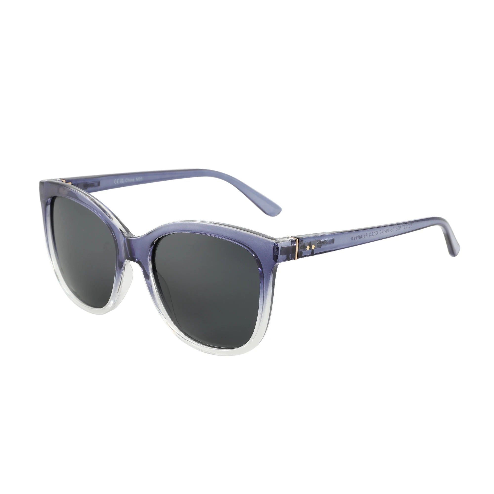 Black polarized square sunglasses with butterfly design details showcasing acetate frame material and texture.