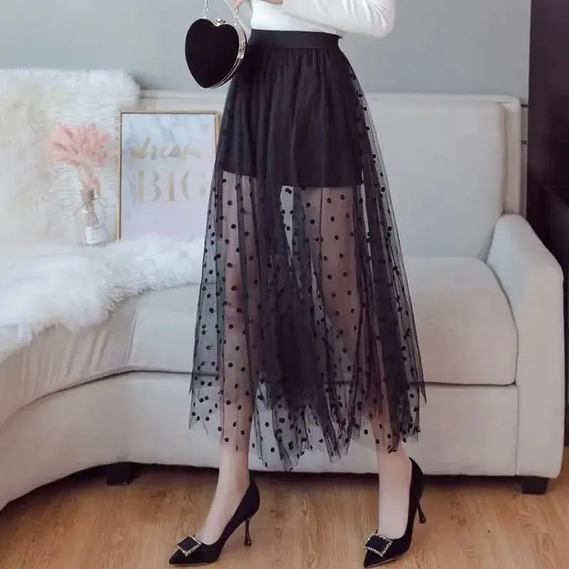 Black Polka Dot Maxi Skirt Sheer Flowy Style / One-size