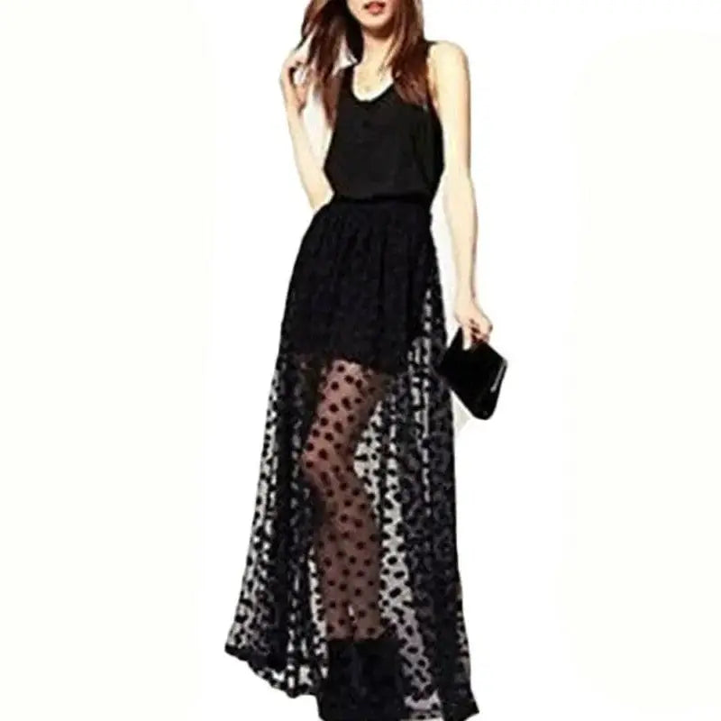 Black Polka Dot Maxi Skirt Sheer Flowy Style / One-size