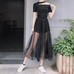 Black Polka Dot Maxi Skirt Sheer Flowy Style / One-size