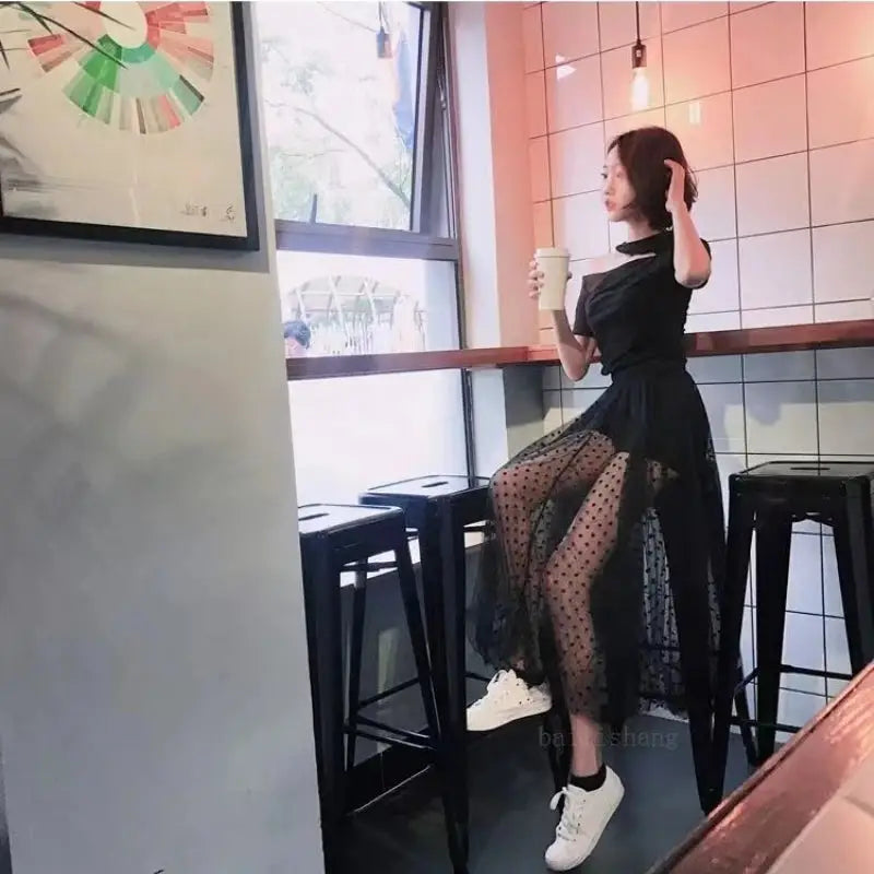 Black Polka Dot Maxi Skirt Sheer Flowy Style / One-size