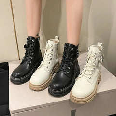 Black PU Vegan Leather Boots Waterproof Lace Up Euro Size