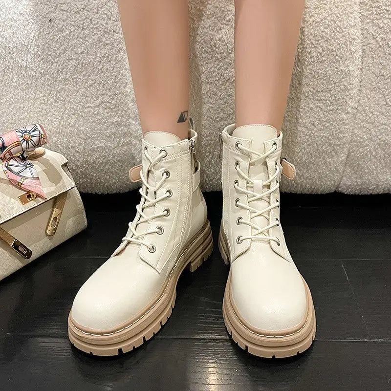 Black PU Vegan Leather Boots Waterproof Lace Up Euro Size