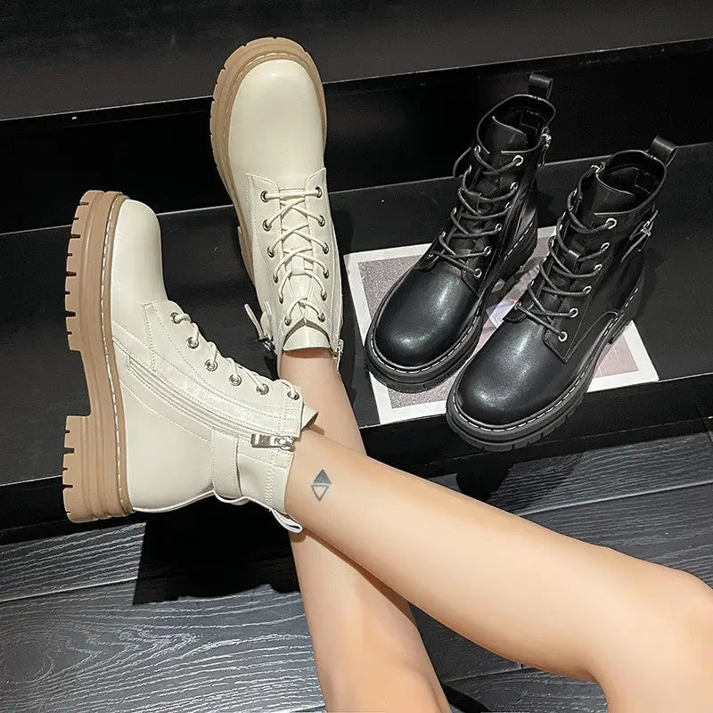 Black PU Vegan Leather Boots Waterproof Lace Up Euro Size