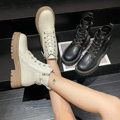 Black PU Vegan Leather Boots Waterproof Lace Up Euro Size