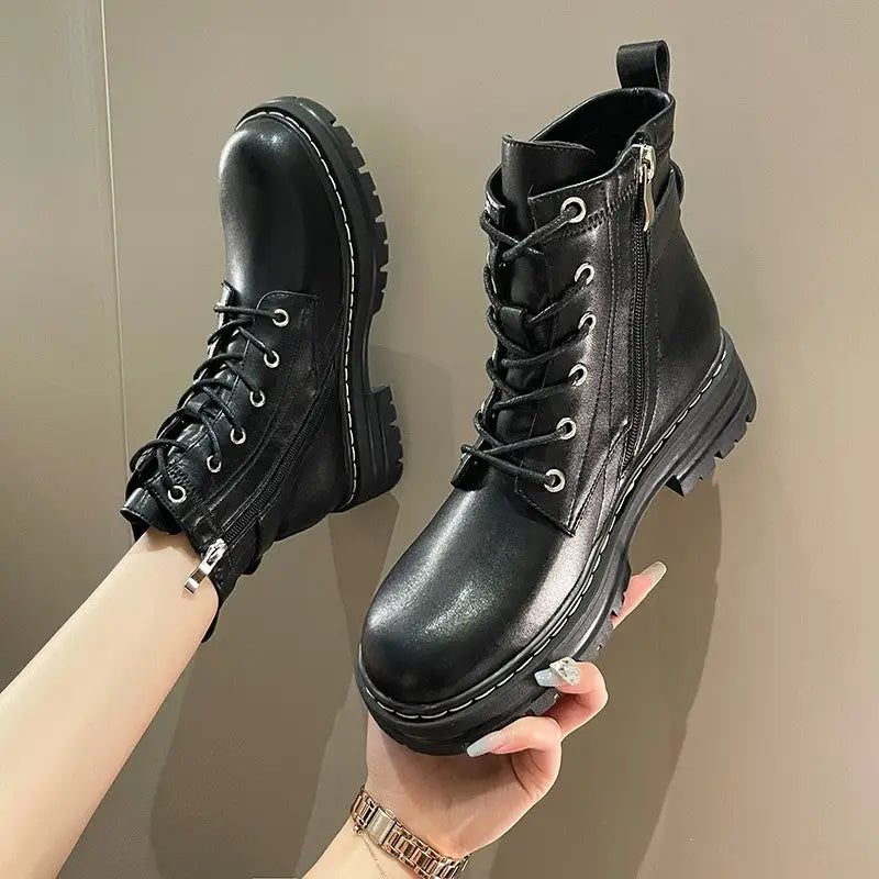 Black PU Vegan Leather Boots Waterproof Lace Up Euro Size