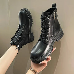 Black PU Vegan Leather Boots Waterproof Lace Up Euro Size