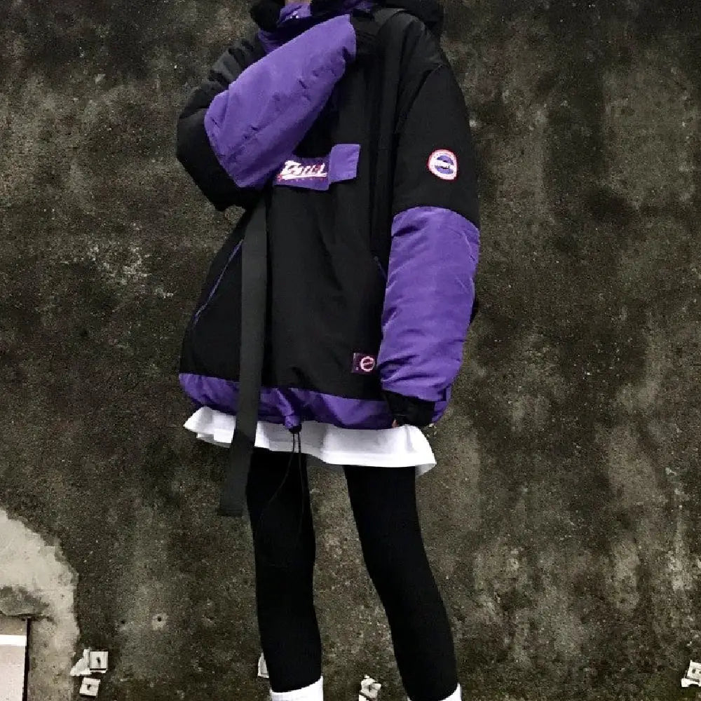 Black Purple Hip-Hop Jacket with Neck Protection