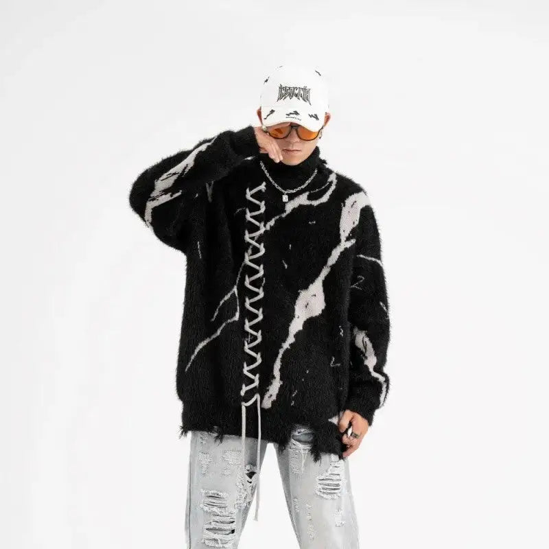 Black Ripped Turtleneck Sweater for Men and Women