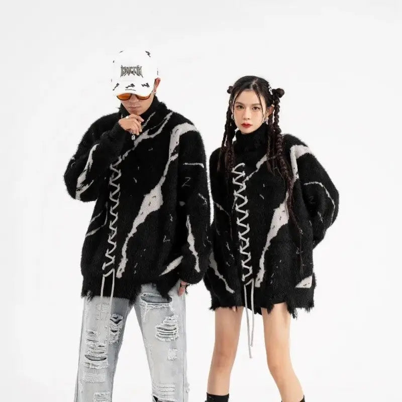 Black Ripped Turtleneck Sweater for Men and Women