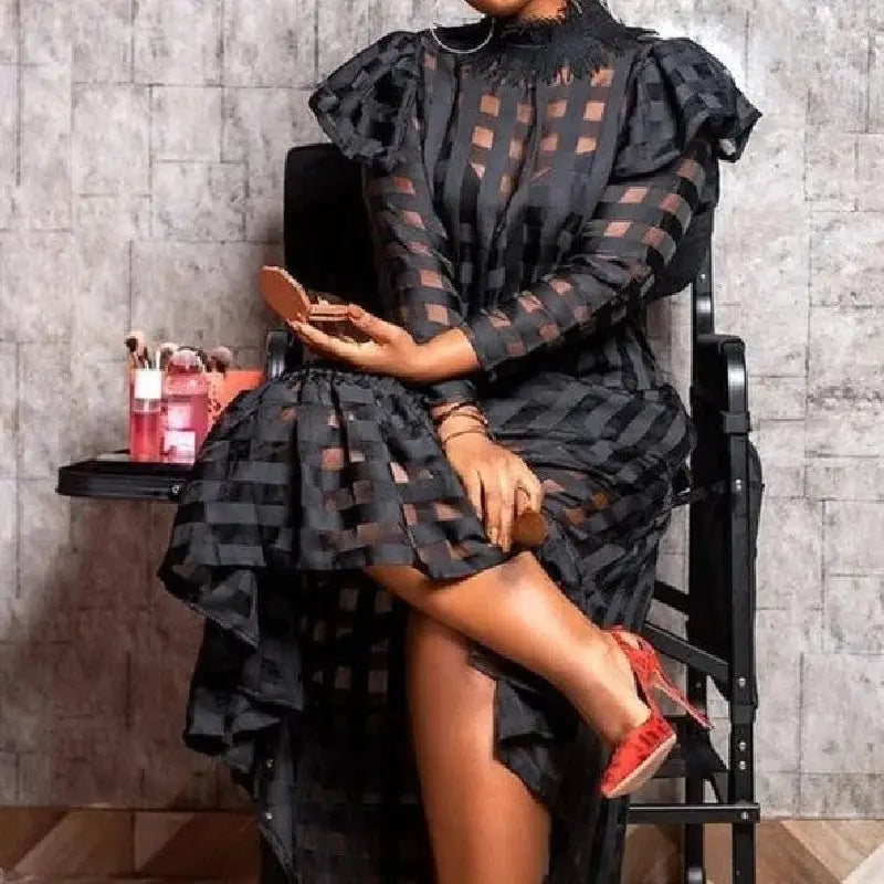 Black See Through Plaid Long Sleeve Dresses - Dress