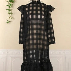 Black See Through Plaid Long Sleeve Dresses