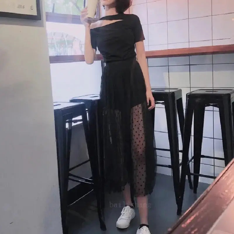Black See Through Polka Dot Maxi Skirt - One-size