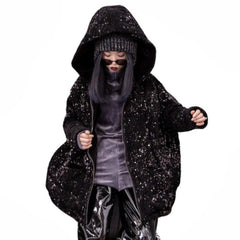 Black Sequins Winter Hooded Padded Loose Coat - black / M