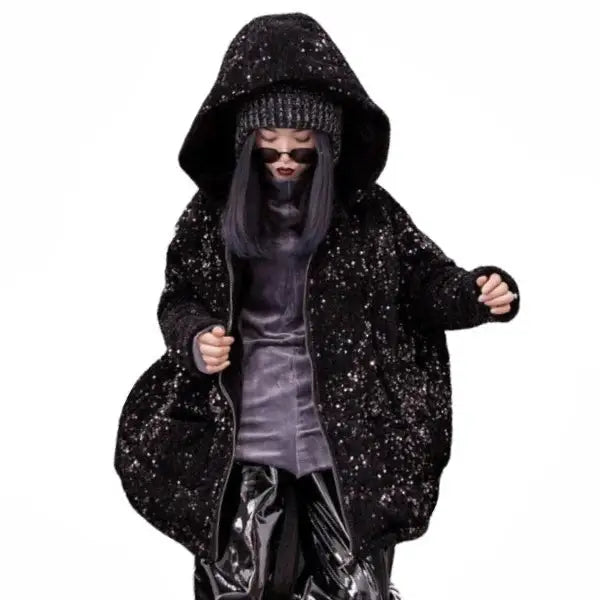 Black Sequins Winter Hooded Padded Loose Coat