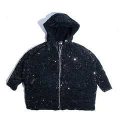 Black Sequins Winter Hooded Padded Loose Coat