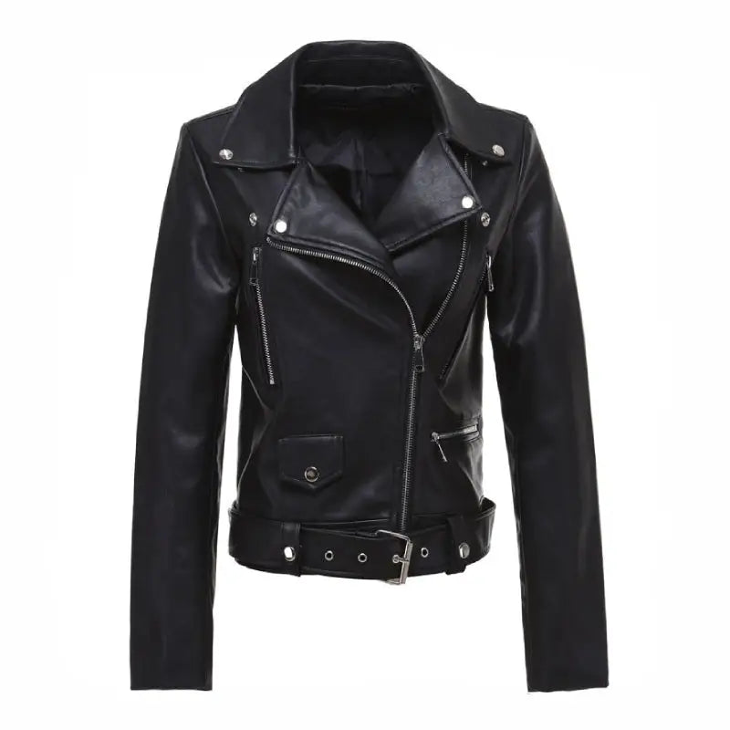 Black Solid Color Motorcycle PU Leather Jacket - S - Jackets