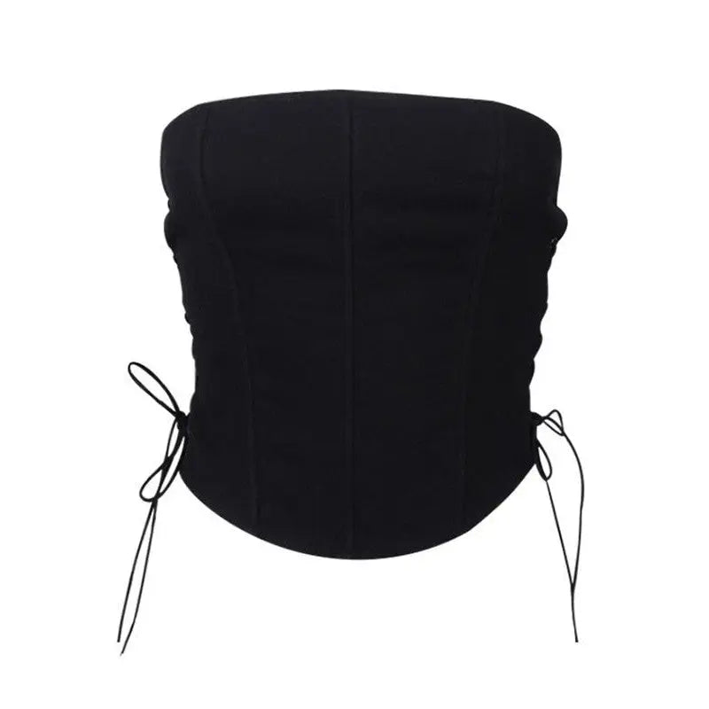 Black Solid Color Strapless Lace Up Crop Top Corset