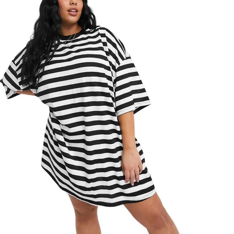 Black Striped Baggy Dress 38 Inches Length Round Neck
