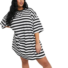 Black Striped Baggy Dress 38 Inches Length Round Neck