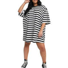 Black Striped Half Sleeve Baggy Dress - and White / 2XL