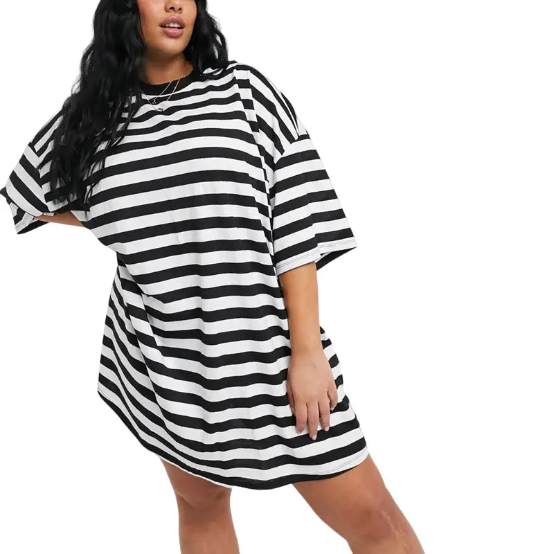 Black Striped Half Sleeve Baggy Dress - and White / 3XL