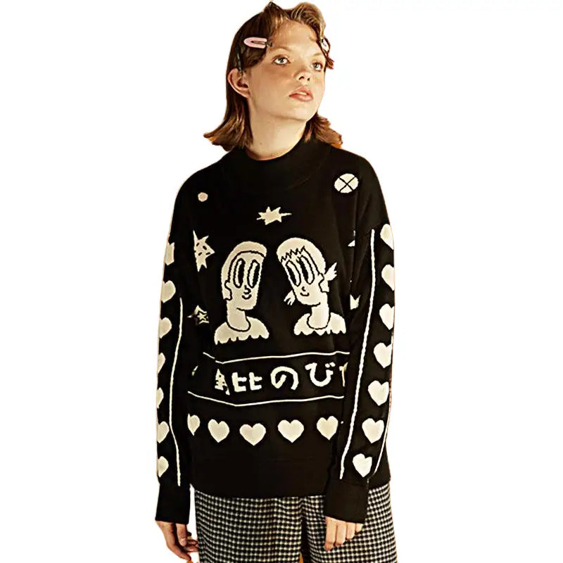 Black Turtleneck Knitted Sweater for Men One Size