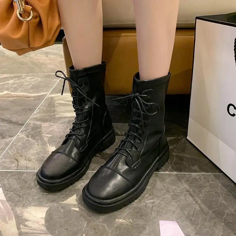 Black Vegan Leather Platform Combat Boots Euro Size / 35