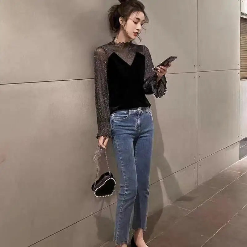 Black Veil Up Velvet Long Sleeve Blouse