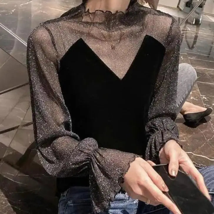 Black Veil Up Velvet Long Sleeve Blouse