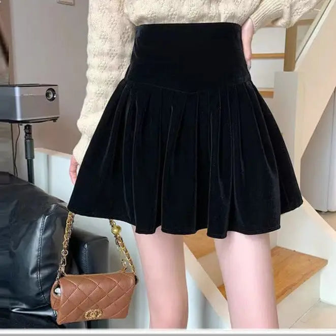Black Velvet High Waist Pleated Mini Skirt - S