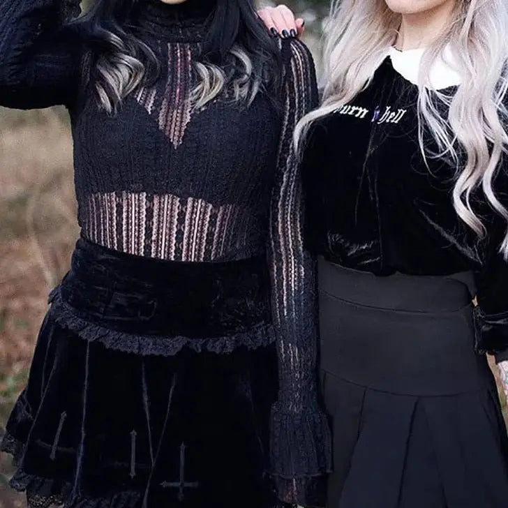 Black Velvet High Waisted Lace Mini Skirt