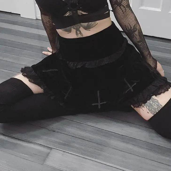 Black Velvet High Waisted Lace Mini Skirt