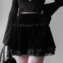 Black Velvet High Waisted Lace Mini Skirt / S