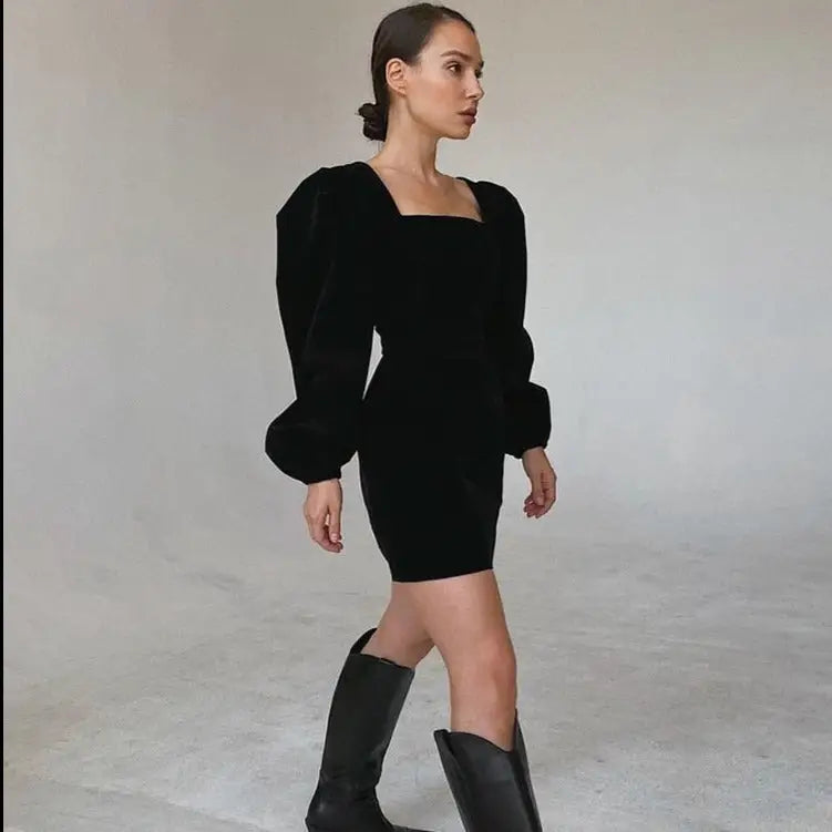 Black Velvet Puff Sleeve Bodycon Mini Dress
