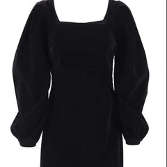 Black Velvet Puff Sleeve Bodycon Square Neck Party Mini Dress